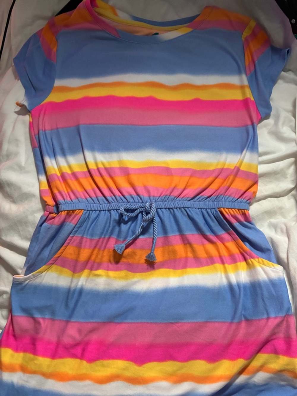 Girls' Casual Striped Drawstring Dress in Blue, Pink & Yellow